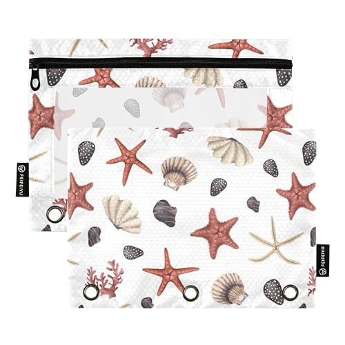 Rote Seesterne Muscheln 3 Ring Binder Bleistift Beutel Set von 2 Reißverschluss Kunststoff Kosmetiktasche Pack Bleistift Fall Home Reise Karten Aufbewahrungsbehälter Bürobedarf von Wudan