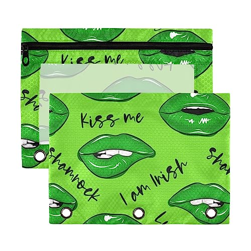 Saint Patricks Day Muster Grüne Lippen 3 Ringbuch Bleistiftbeutel 2 Stück Transparent Wasserdicht Kunststoff Federmäppchen mit Reißverschluss Kosmetiktasche Büro Dokument Organizer von Wudan