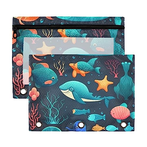 Sea Life Cartoon Dophin 3 Ringbuch-Federmäppchen aus recyceltem Kunststoff, transparent, wasserdicht, mit Reißverschluss, Schreibwaren-Zubehör von Wudan