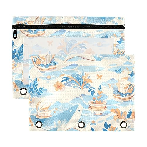 Shells Ocean Waves Federmäppchen mit 3 Ringen, transparent, wasserdicht, Kunststoff, mit Reißverschluss, Kosmetiktasche, Büro-Dokumenten-Organizer, Korallenblau / Orange, 2 Stück von Wudan