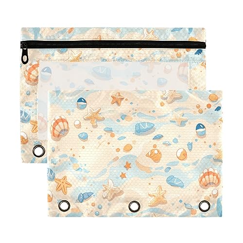 Shells Ocean Waves Starfishs Coral Blue Yellow 3 Ring Binder Pencil Pouch 2 Pack Clear Waterproof Plastic Pencil Case with Zipper Cosmetic Bag Office Document Organizer von Wudan