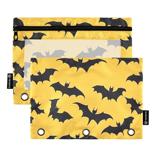 Silhouette Black Bats Federmäppchen mit 3 Ringen mit Reißverschluss, Set mit 2 recycelten Kosmetiktaschen, Bürodokumenten-Organizer, Silhouette Black Bats Halloween, one sizex2 von Wudan