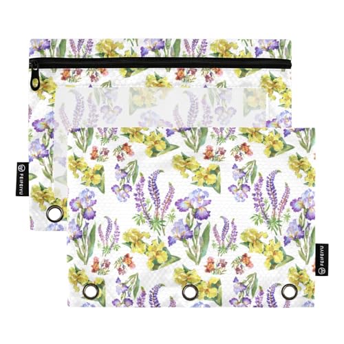 Sommerwiese Iris Blumen Aquarell Weiß 3 Ring Binder Federmäppchen Set von 2 Kunststoff Wasserdicht Federmäppchen Binder Bleistift Tasche Zuhause Reise Karten Aufbewahrungsbehälter Bürobedarf von Wudan