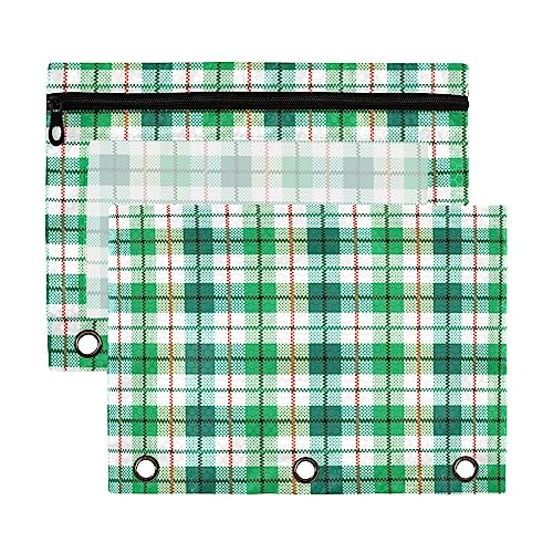 St Green White Plaid 3 Ring Binder Federmäppchen 2 Stück Transparent Wasserdicht Kunststoff Federmäppchen mit Reißverschluss Kosmetiktasche Büro Dokument Organizer von Wudan