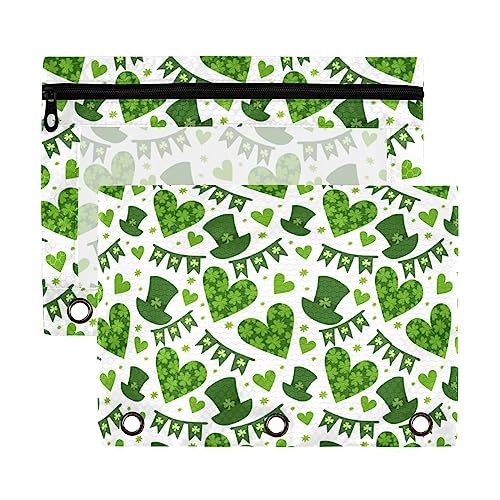 St. Patricks's Clover Leaves Hearts 3 Ringbuch-Federmäppchen, transparent, wasserdicht, Kunststoff, mit Reißverschluss, Kosmetiktasche, Büro-Dokumenten-Organizer, 2 Stück von Wudan