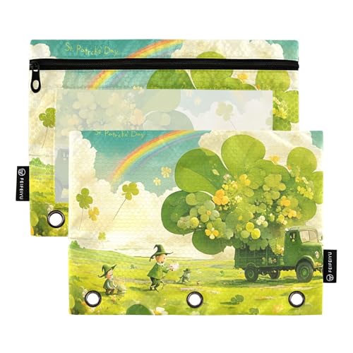 St.Patrick Kleeblätter Auto Regenbogen 3 Ringe Binder Federmäppchen Bleistift Beutel mit Reißverschluss 2 Pack Ordner Aufbewahrungstasche Büro Organizer von Wudan