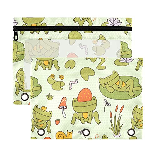 Süßer Frosch Sweet Doodle gelbe 3-Ringbuch-Federmäppchen aus Kunststoff, transparent, wasserdicht, mit Reißverschluss, Kosmetiktasche, Büro-Dokumenten-Organizer, 2 Stück von Wudan