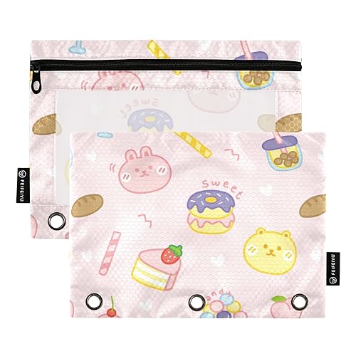 Süßes Dessert Kaninchen Donut Bubble Tea Pfirsich 3 Ring Binder Bleistift Beutel 2 Pcs Ordner Reißverschluss Federmäppchen Klar Bleistift Fall Schreibwaren Zubehör Bürobedarf, Süßes Dessert Kaninchen von Wudan