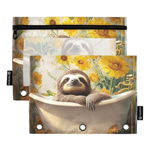 Süßes Faultier Retro-Badewanne 3 Ringe Binder Federmäppchen mit Reißverschluss Set mit 2 Ordnern Make-up Tasche Büro Organizer von Wudan