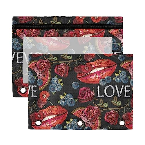 Sweet Kiss Fashion Blueberry Cherry Love 3-Ringbuch-Federmäppchen, transparent, wasserdicht, Kunststoff, mit Reißverschluss, Kosmetiktasche, Büro-Dokumenten-Organizer, 2 Stück von Wudan