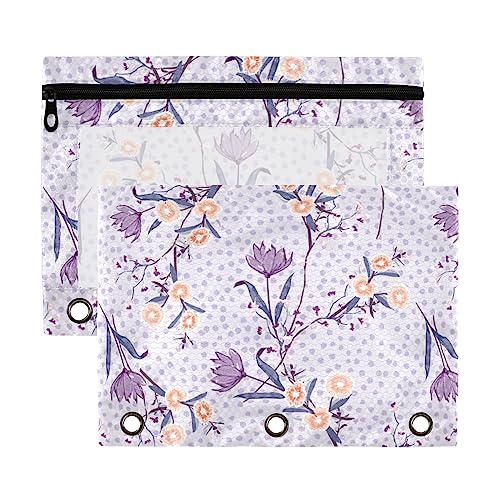 Sweet Purple Pastel Pink Floral 3 Ring Binder Bleistift Pouch 2 Pack klar wasserdicht Kunststoff Federmäppchen mit Reißverschluss Kosmetiktasche Büro Dokument Organizer von Wudan