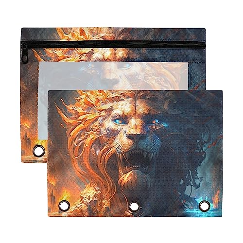 The Burning Lion Head in The Fire Doomsday World 3-Ringbuch-Federmäppchen, aus recyceltem Kunststoff, transparent, wasserdicht, mit Reißverschluss, Schreibwaren-Zubehör von Wudan