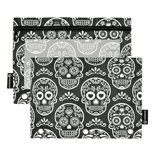 Totenkopf-Muster 3 Ring Binder Bleistift Beutel 2 Pcs Ordner Klar Dokument Taschen Pack Bleistift Fall Schreibwaren Organizer Bürobedarf, Totenkopfmuster, one sizex2 von Wudan