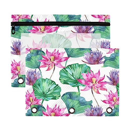 Tropische Aquarellblumen, Blätter, rosa Lotus, 3-Ringbuch, Federmäppchen, 2 Stück, transparent, wasserdicht, Kunststoff, mit Reißverschluss, Kosmetiktasche, Büro-Dokumenten-Organizer von Wudan