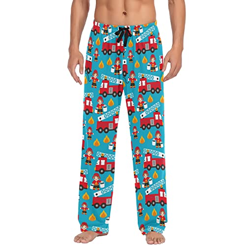 Truck Cartoon Blaugrün Herren Pyjamahose Loungehose Pyjamahose mit Taschen S, Fire Men Truck, Blau, Large von Wudan