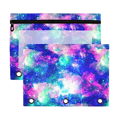 Twinkling Galaxy-Print lila blau 3-Ringbuch-Federmäppchen 2 Stück transparent wasserdicht Kunststoff Federmäppchen mit Reißverschluss Kosmetiktasche Büro Dokument Organizer von Wudan