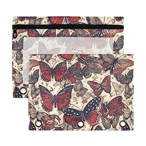 United States 4. Juli American Flag Red Blue Butterfly Creative 3 Ring Binder Pencil Pouch Pouch 2 Pack Clear Waterproof Plastic Pencil Case with Zipper Cosmetic Bag Office Document Organizer von Wudan