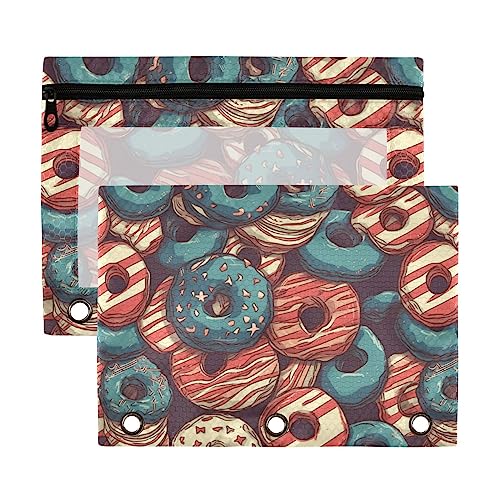 Vintage Amerikanische Flagge Rot Blau Donus Creative 3 Ringbuch Bleistift Pouch 2 Stück Transparent Wasserdicht Kunststoff Federmäppchen mit Reißverschluss Kosmetiktasche Büro Dokument Organizer von Wudan