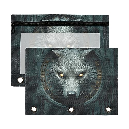 Weiße Wolfstür Schwarz Grau Grün 3 Ringe Binder Federmäppchen 2 Pack Transparent Wasserdicht Kunststoff Federmäppchen mit Reißverschluss Kosmetiktasche Büro Dokument Organizer von Wudan