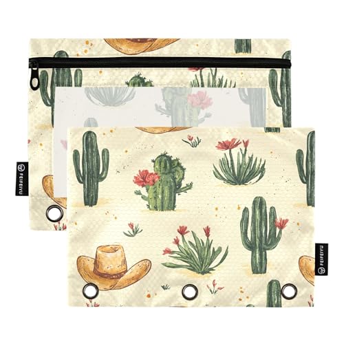 Western Cowboy Boho Kaktus Gelb 3 Ringe Binder Federmäppchen Federmäppchen mit Reißverschluss 2 Stück Kunststoff Dokumententasche Büro Dokument Organizer von Wudan