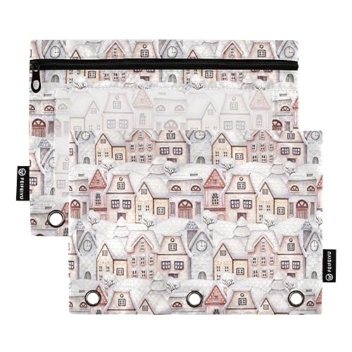 Winter Houses Village New Year 3 Ring Binder Bleistift Beutel 2 Pcs Wasserdichte Reißverschluss Bleistift Tasche Binder Bleistift Tasche Schreibwaren Zubehör Bürobedarf von Wudan