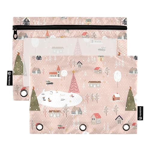 Winter Weihnachten 3 Ring Binder Bleistift Beutel Set von 2 Ordner Ordner Federmäppchen Federmäppchen mit Löchern Schreibwaren Versorgung Zubehör, Winter Weihnachten, one sizex2 von Wudan