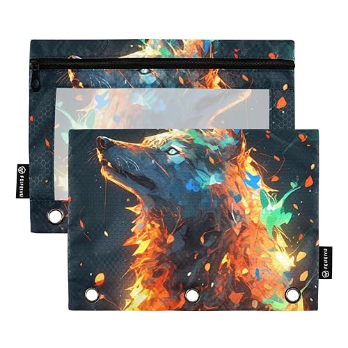 Wolf Bunte 3 Ring Binder Bleistift Beutel Set von 2 Ordner Ordner Federmäppchen Kunststoff Bleistift Fall Schreibwaren Zubehör Bürobedarf von Wudan