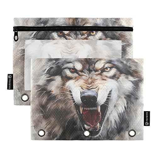 Wolf Grau 3-Ring-Bleistiftbeutel 2 Stück transparent wasserdicht Kunststoff Federmäppchen mit Reißverschluss Kosmetiktasche Büro Dokument Organizer von Wudan