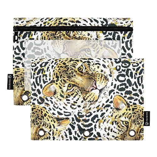 Wudan Ästhetisches einzigartiges Schönheits-Leopardenmuster-Design, Aquarell-Jaguar, 3-Ring-Bleistiftbeutel, 2 Stück, Kunststoff, recycelt, transparent, wasserdicht, mit Reißverschluss, von Wudan