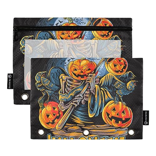 Wudan Angel Death Halloween Kürbis 3 Ring Binder Federmäppchen 2 Pack Transparent Wasserdicht Kunststoff Federmäppchen mit Reißverschluss Kosmetiktasche Büro Dokument Organizer von Wudan