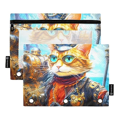 Wudan Anime Cat Realistischer Stil 3 Ringbuch Federmäppchen 2 Pack Transparent Wasserdicht Kunststoff Federmäppchen mit Reißverschluss Kosmetiktasche Büro Dokument Organizer von Wudan