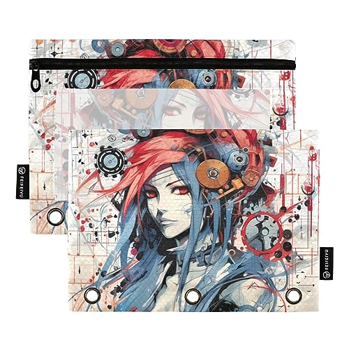 Wudan Anime Gaming Game Federmäppchen mit 3 Ringbüchern, transparent, wasserdicht, Kunststoff, mit Reißverschluss, Kosmetiktasche, Büro-Dokumenten-Organizer, Blau / Rot, 2 Stück von Wudan