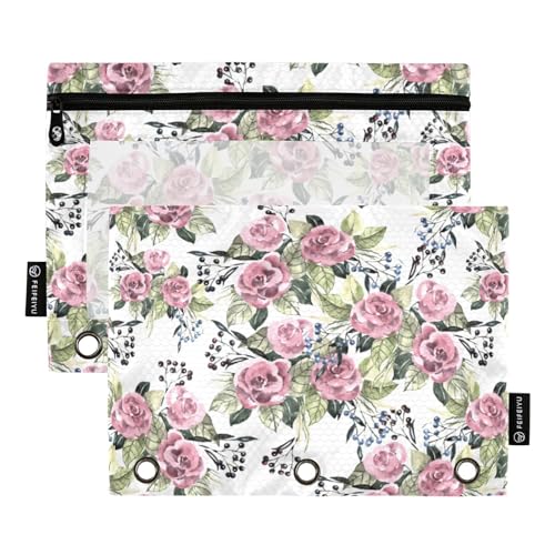 Wudan Aquarell-Blumen, Rose, Wildbeere, 3 Ringbücher, Federmäppchen, 2 Stück, Reißverschluss, Federmäppchen, Binder, Federmäppchen, Bürobedarf, Zubehör von Wudan