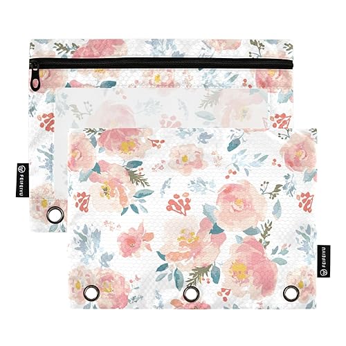 Wudan Aquarell Romantisches Blumenmuster 3 Ring Binder Bleistift Beutel 2 Pack Wasserdicht Reißverschluss Make-up Tasche Binder Bleistift Tasche Schreibwaren Organizer Bürobedarf von Wudan