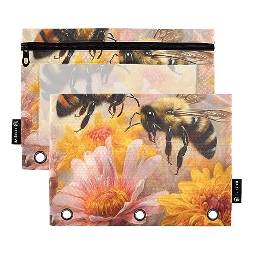 Wudan Bee Flower Realistischer Wind Gelb 3 Ring Binder Federmäppchen 2 Pack Transparent Wasserdicht Kunststoff Federmäppchen mit Reißverschluss Kosmetiktasche Büro Dokument Organizer von Wudan