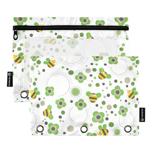 Wudan Bee Green Flower Good Luck 3 Ring Binder Pencil Pouch Set of 2 Folder Plastic Pencil Case Pencil Case Binder Office Supplies Accessories von Wudan