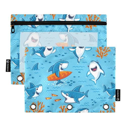 Wudan Blauer Hai Cartoon Nette 3 Ring Binder Bleistift Beutel 2 Pcs Wasserdichte Ordner Kosmetiktasche Bleistift Taschen Mit Reißverschluss Schreibwaren Organizer Bürobedarf von Wudan