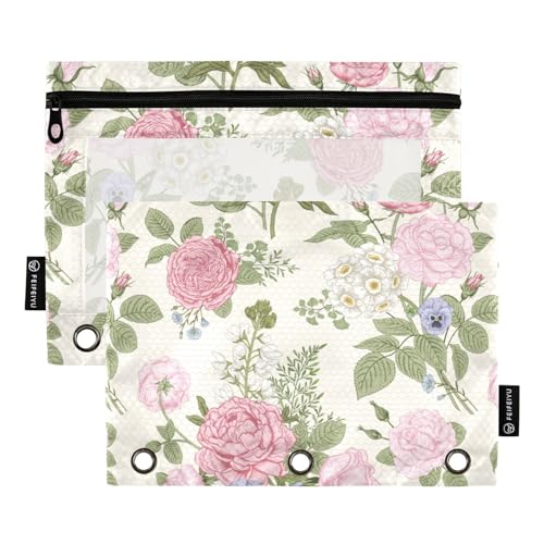 Wudan Blooming Garden Flowers Rose 3 Ring Binder Pencil Pouch Set of 2 Plastic Clear Pencil Bag Binder Pencil Bag Office Organizer Supply von Wudan