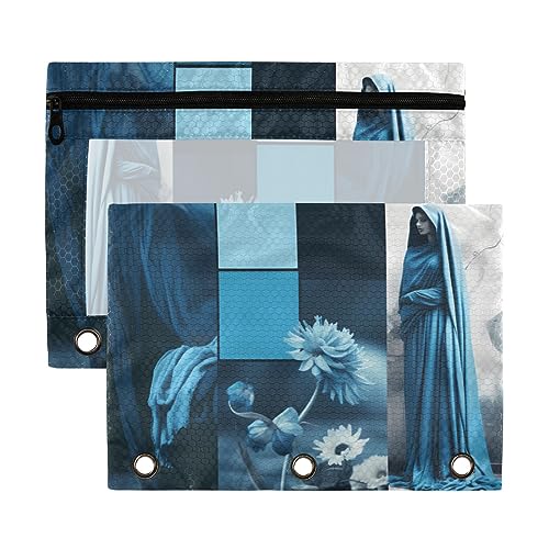 Wudan Blue Art Flowers Indigo 3-Ringbuch Federmäppchen 2 Stück durchsichtig wasserdicht Kunststoff Federmäppchen mit Reißverschluss Kosmetiktasche Büro Dokument Organizer von Wudan