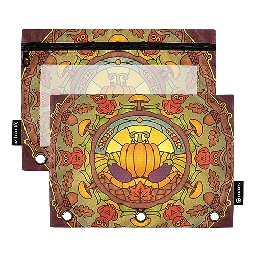 Wudan Bunte Herbstsaison Mandala Kürbis 3 Ringbuch Federmäppchen 2 Pack Transparent Wasserdicht Kunststoff Federmäppchen mit Reißverschluss Kosmetiktasche Büro Dokument Organizer von Wudan