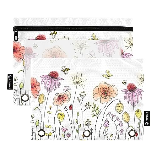 Wudan Bunte Wildblumen Mohnblumen 3 Ringbuch-Bleistiftmäppchen 2 Stück durchsichtig wasserdicht Kunststoff Federmäppchen mit Reißverschluss Kosmetiktasche Büro Dokument Organizer von Wudan