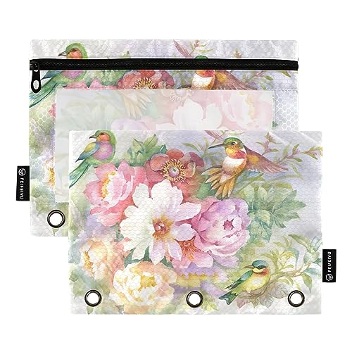 Wudan Bunte schöne Blume Vogel 3 Ring Binder Bleistift Tasche 2 Pack Klar Wasserdicht Kunststoff Bleistift Fall mit Reißverschluss Kosmetiktasche Büro Dokument Organizer von Wudan