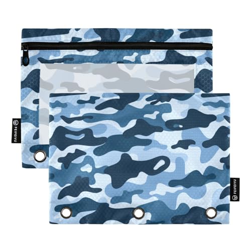 Wudan Camouflage Blau Dunkel 3 Ring Binder Bleistift Beutel Set von 2 Klar Wasserdicht Make-up Tasche Bleistift Fall Mit Löchern Bürobedarf Zubehör von Wudan