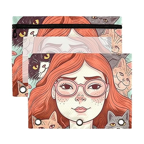 Wudan Cartoon Rosa Gelb Katzen 3 Ring Binder Federmäppchen 2 Pack Transparent Wasserdicht Kunststoff Federmäppchen mit Reißverschluss Kosmetiktasche Büro Dokument Organizer von Wudan