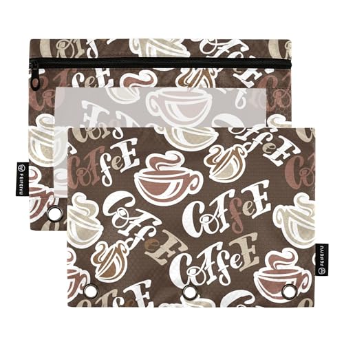 Wudan Coffee Time Doodle Schriftmuster 3 Ringe Binder Bleistiftbeutel 2 Stück wasserdichte Aufbewahrungstasche Reißverschluss Federmäppchen Schreibwaren Organizer Bürobedarf, Coffee Time von Wudan