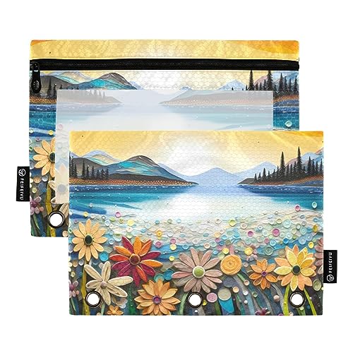 Wudan Collage Landschaft Bunte 3-Ring-Bleistiftbeutel 2 Pack Transparent Wasserdicht Kunststoff Federmäppchen mit Reißverschluss Kosmetiktasche Büro Dokument Organizer von Wudan