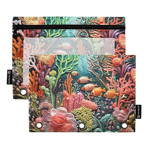 Wudan Coral Fish Federmäppchen mit 3 Ringbüchern, transparent, wasserdicht, Kunststoff, mit Reißverschluss, Kosmetiktasche, Büro-Dokumenten-Organizer, Rot / Rosa, 2 Stück von Wudan