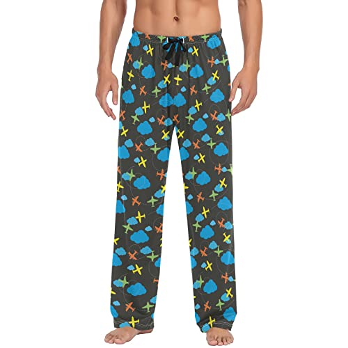 Wudan Cute Airplanes Herren Pyjamahose Loungehose Pyjamahose mit Taschen S, Buntes Flugzeug und Wolke, Large von Wudan