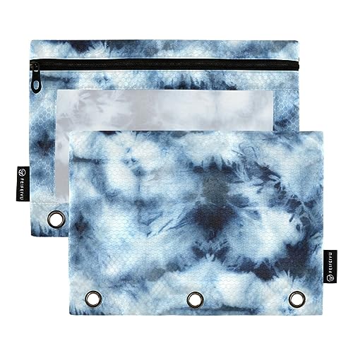 Wudan Deep Blue Tiedye Indigo 3 Ring Binder Pencil Pouch 2 Pack Clear Waterproof Plastic Pencil Case with Zipper Cosmetic Bag Office Document Organizer von Wudan