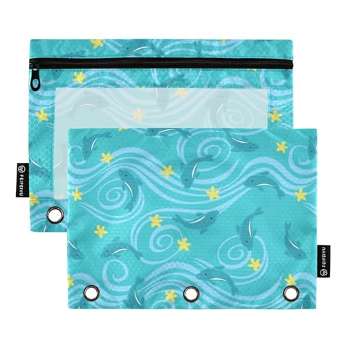 Wudan Delphin Cartoon Fisch Blau 3 Ring Binder Bleistift Beutel 2 Pack Recycelte Wasserdichte Bleistift Tasche Binder Bleistift Fall Schreibwaren Organizer Bürobedarf von Wudan